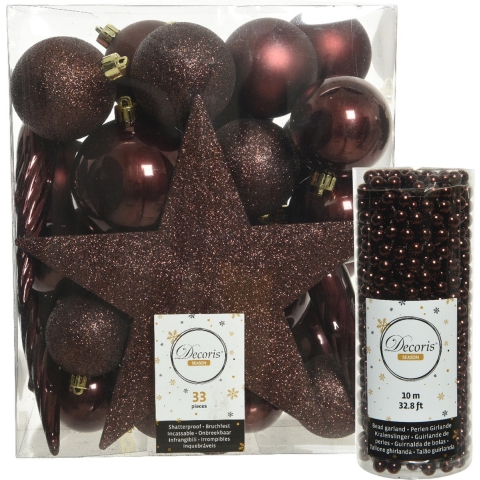 Decoris kerstversiering pakket 34x stuks kunststof mahonie bruin -