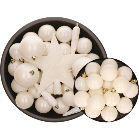 49x stuks kunststof kerstballen en ijspegels met ster piek wol wit -