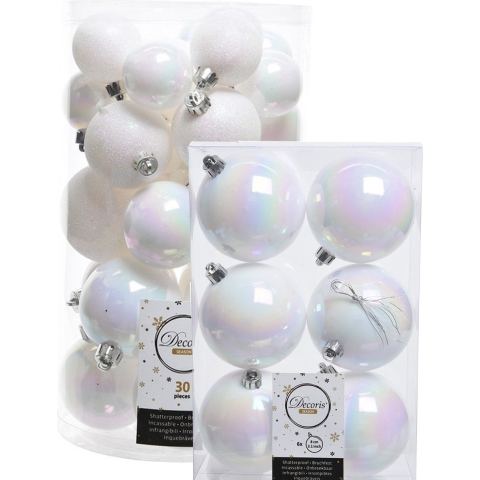 Decoris kerstballen 36x stuks parelmoer wit kunststof 4-5-6-8 cm -
