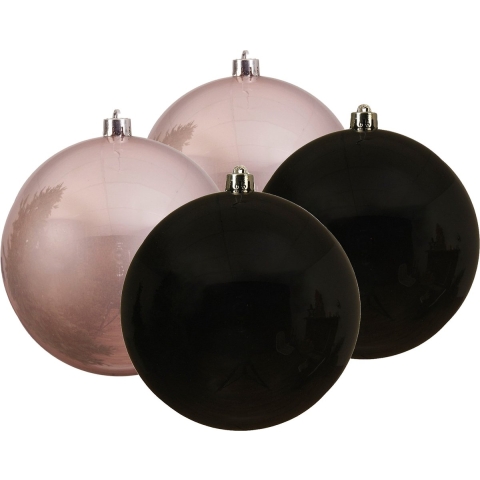 Kunststof kerstballen 4x stuks zwart en lichtroze 14 cm -