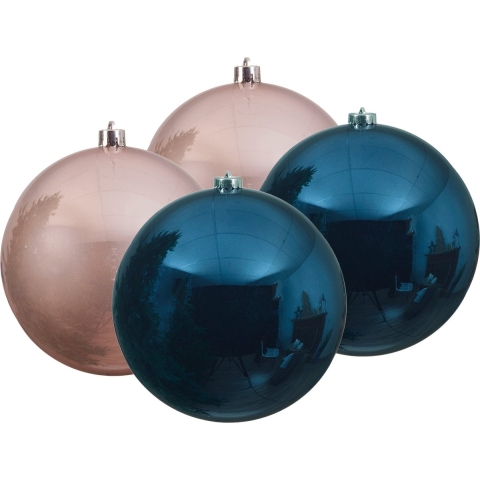 Kunststof kerstballen 4x stuks donkerblauw en lichtroze 14 cm -