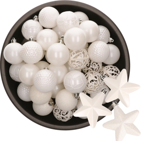43x stuks kunststof kerstballen en sterren ornamenten wit -