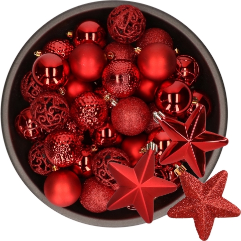 43x stuks kunststof kerstballen en sterren ornamenten rood -