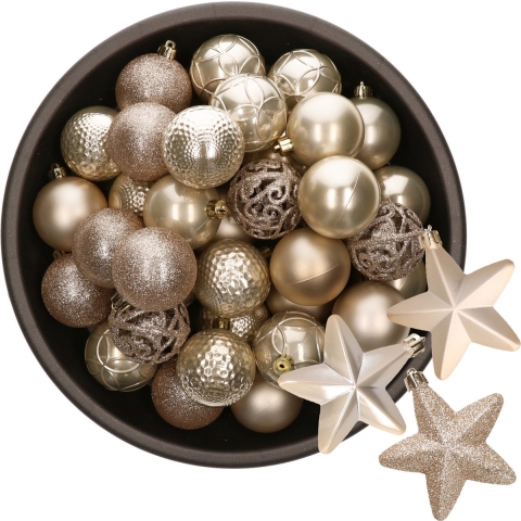 43x stuks kunststof kerstballen en sterren ornamenten champagne -