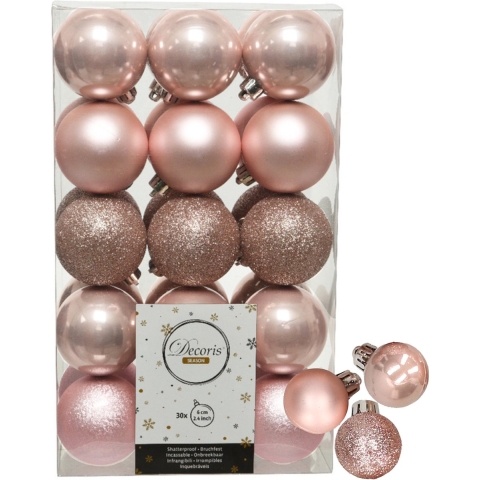 Decoris kerstballen 44x stuks lichtroze 3 en 6 cm kunststof -