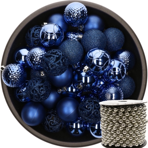 37x stuks kunststof kerstballen 6 cm kobalt blauw inclusief kralenslinger zilver -