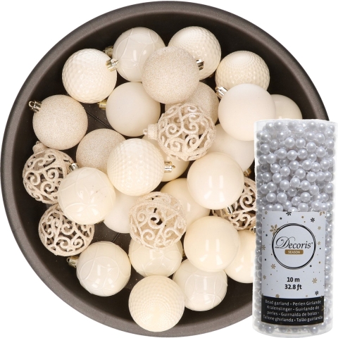 37x stuks kunststof kerstballen 6 cm inclusief kralenslinger wol wit -