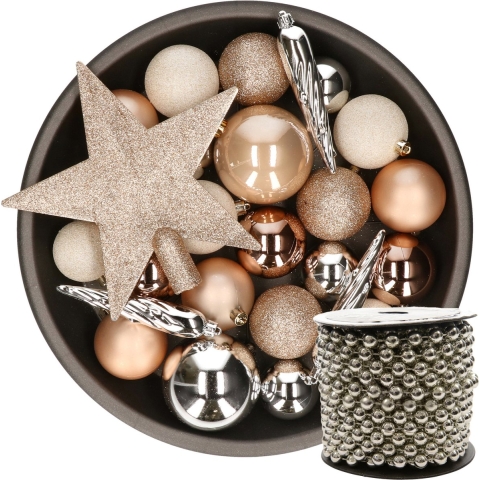 Kunststof kerstballen 33x st bruin-wit-zilver met piek en kralenslinger zilver -