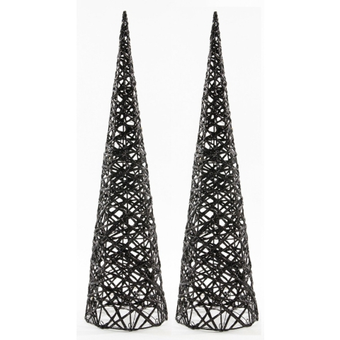 LED verlichte kerstboom kegels - 2x st - zwart - kunststof - H60 cm - glitter -
