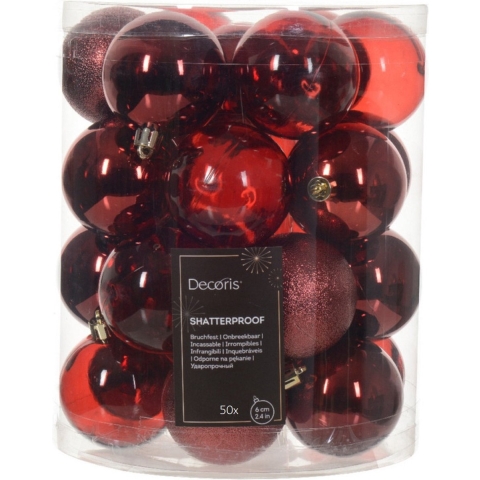 Kerstballen - 50x stuks - 6 cm - kunststof - donkerrood -