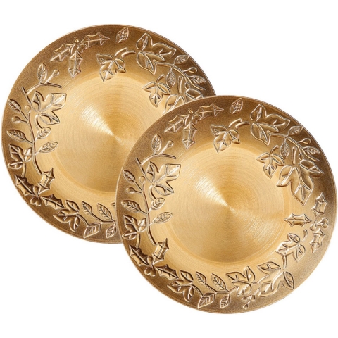 Kerstdiner/diner onderborden - 4x - D33 cm - kunststof - goud bladeren opdruk -