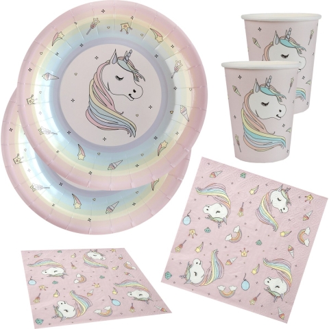 Eenhoorn thema feest wegwerp servies set - 20x bordjes / 20x bekers / 20x servetten - roze -