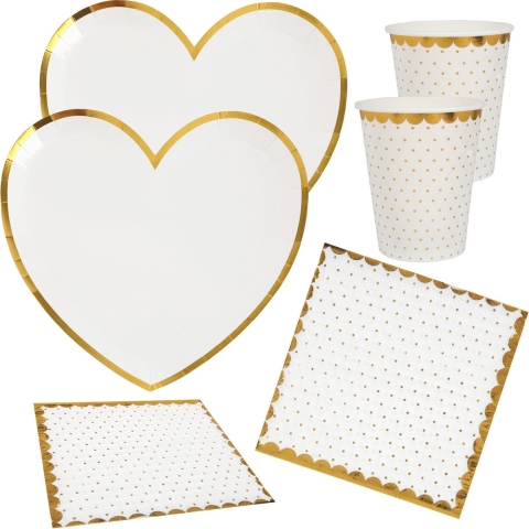 Feest wegwerp servies set - hartje - 20x bordjes / 20x bekers / 20x servetten - wit/goud -