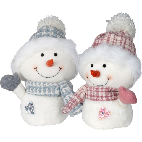 Pluche sneeuwpop knuffels - set 2x st - roze en blauw - 27 cm -
