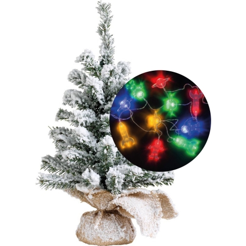 Mini kerstboompje met sneeuw - 45 cm - incl. ruimte/space thema lichtsnoer 165 cm - kunststof -