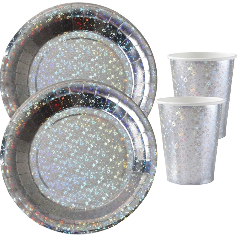 Feest wegwerp servies set - glitter - 20x bordjes / 20x bekers - zilver -