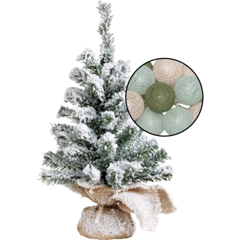 Mini kerstboom met sneeuw - incl. lichtslinger met bollen mix groen - H45 cm -