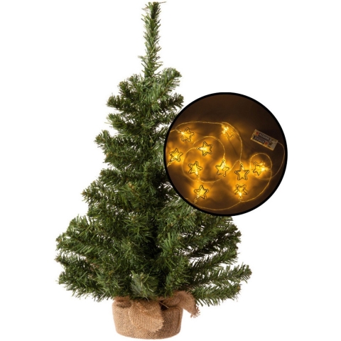 Kleine kunst kerstboom -groen -incl. 3D sterren lichtsnoer metallic goud - H60 cm -