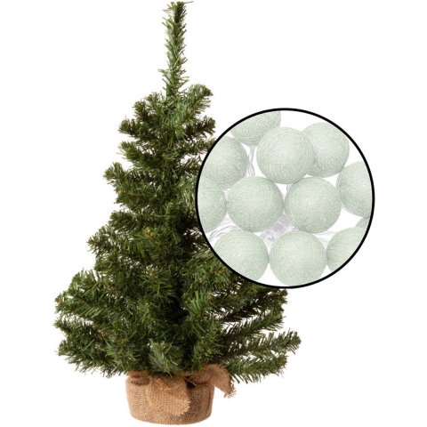 Kleine kunst kerstboom - H60 cm- incl. lichtsnoer met balletjes lichtgroen -