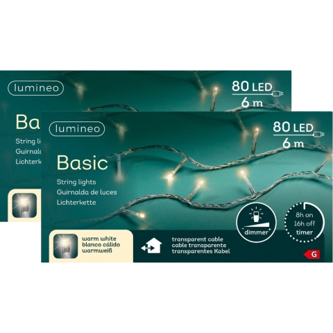 Kerstverlichting - 2x - 80 led lampjes -warm wit -600 cm - transparant snoer -timer en dimmer -