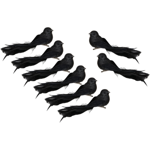 Vogels op clip - 8x st - zwart - 16 x 4 cm - kunststof - kerstboomversiering -