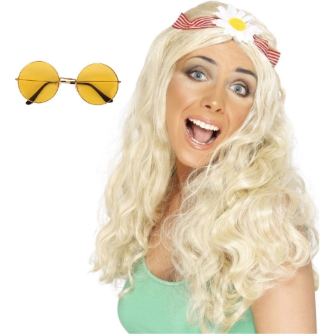Hippie Sixties Flower Power verkleedset dames - Pruik blond - bril ronde glazen geel -