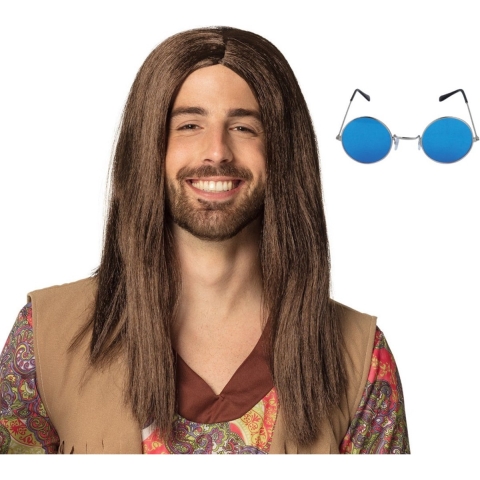 Hippie Sixties verkleed set - Pruik lang haar bruin - bril ronde glazen blauw - heren -