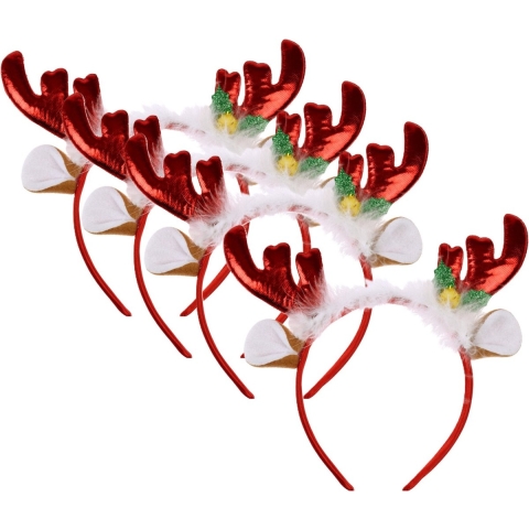 Kerst diadeems/haarbanden - 4x - rendier gewei met oren - rood - polyester - accessoires -