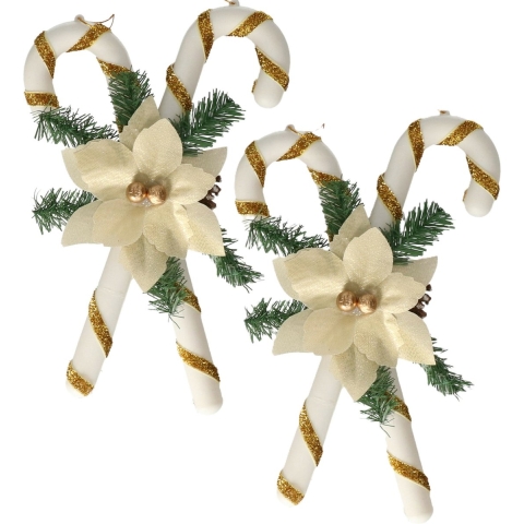 Decoratie zuurstokken - 2x - kunststof - 35 x 25 cm - wit/goud - kerstornamenten -