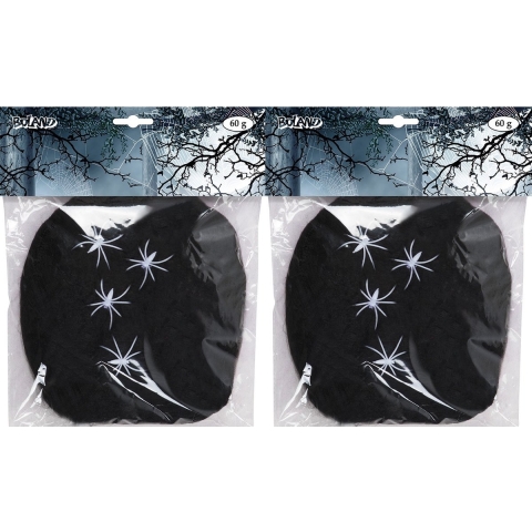 Decoratie spinnenweb/spinrag met spinnen - 4x - 60 gram - zwart - Halloween/horror versiering -