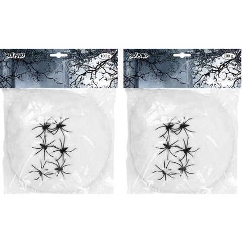 Decoratie spinnenweb/spinrag met spinnen - 4x - 100 gram - wit - Halloween/horror versiering -