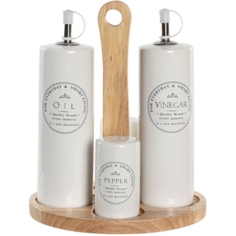 Items Azijn/Olie flessen tafelset - met peper/zout vaatjes - keramiek/bamboe - wit -