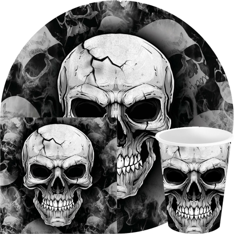 Halloween/horror doodshoofd feest servies set - borden/bekers/servetten - 36x - zwart - papier -