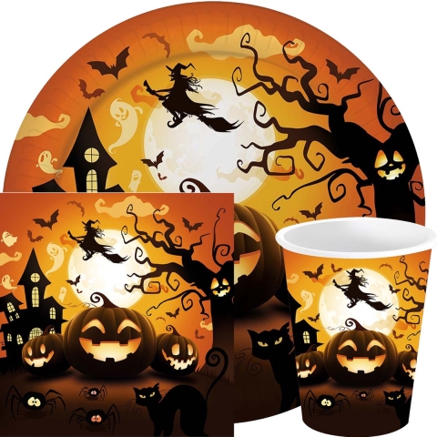 Halloween/horror pompoen feest servies set borden/bekers/servetten - 36x - zwart- papier -