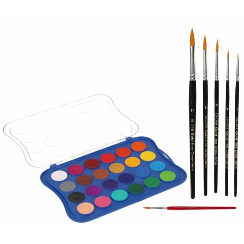 Hobby waterverf/aquarelverf 24 kleuren met 6x stuks penselen -