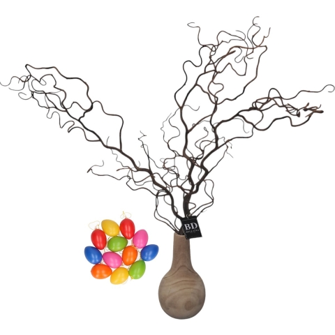 Bellatio Design Kronkelhazelaar kunst paastak - incl paaseieren - 87 cm - paasdecoratie kunsttakken -