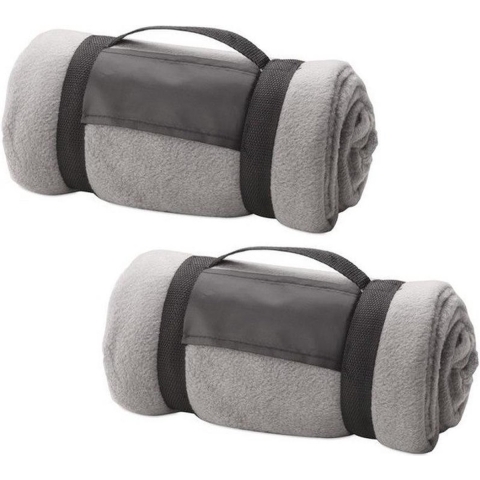 2x Fleece dekens/plaids grijs afneembaar handvat 160 x 130 cm -