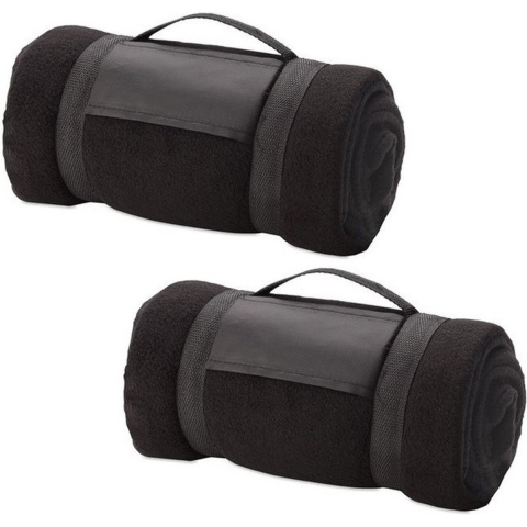 Fleece deken/plaid met afneembaar handvat - 2x - zwart - 160 x 130 cm - warme bank dekentje -
