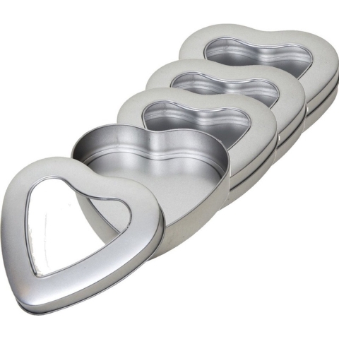 Hartjes vorm opbergblik/bewaarblik met venster - 4x - 13 x 13 x 3 cm - Cadeauverpakking -