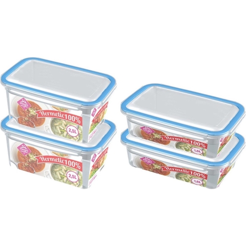 4x Voorraad/vershoudbakjes 1,5 en 2,5 liter transparant/blauw -