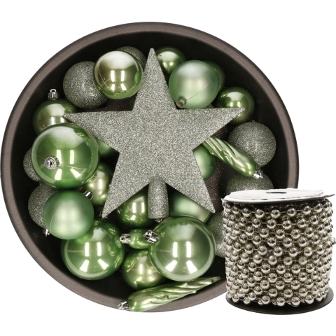 Kunststof kerstballen 33x st groen met piek en kralenslinger zilver -