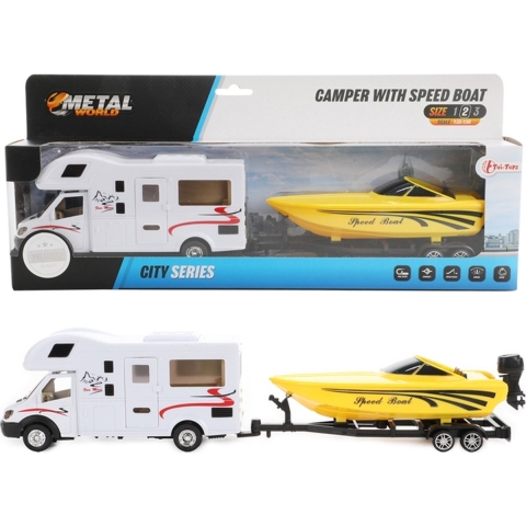 Toi-Toys Camper met Speedboot Pull Back 1:48