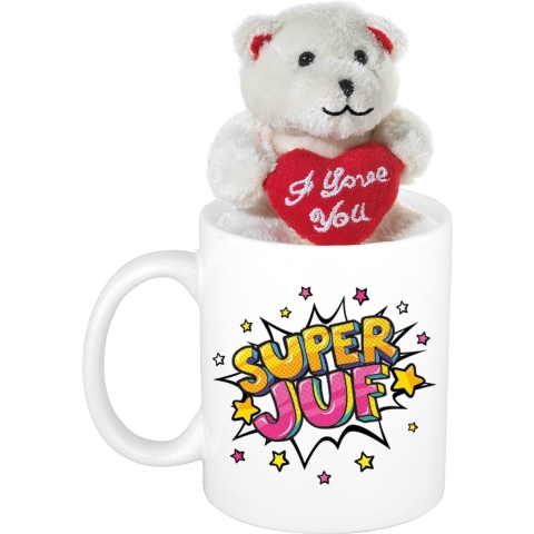 Juffendag cadeau Super juf pop art beker / mok 300 ml met beige knuffelbeertje met love hartje -