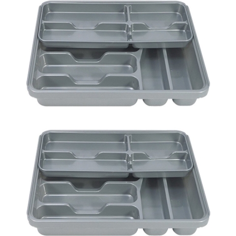 2x stuks grijze bestekbak inzetbak met oplegbakje kunststof 39 x 31 cm -