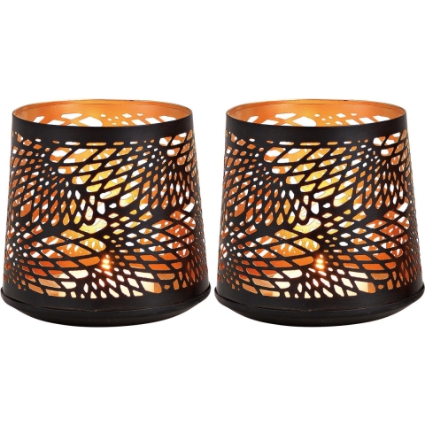 2x Theelichthouders/waxinelichthouders windlichten zwart/goud abstract vleugel patroon 13 cm -