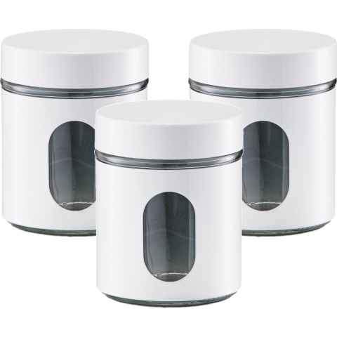 Voedsel keuken voorrraadpot - 3x - metaal - wit - 600 ml - met venster - blikken/bussen -
