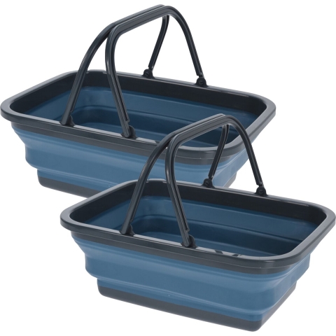 Wasmand/boodschappen mand opvouwbaar met hengsel - 2x - kunststof - 30L - donkerblauw - 39 x 28 x 29 -