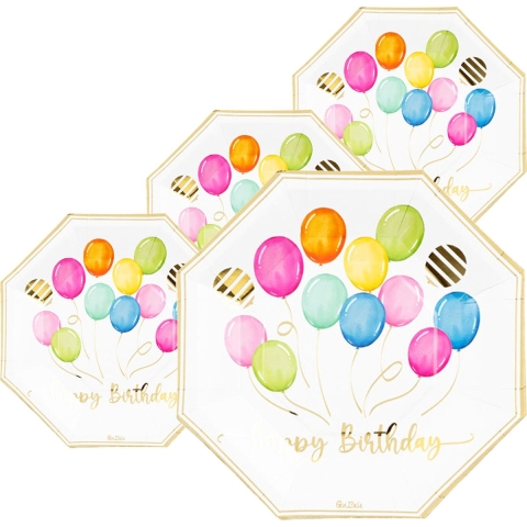 Feestbordjes/verjaardagsbordjes - gebaksbordjes - 32x - ballonen thema - 8-hoekig - papier - 19 cm -