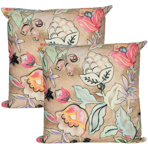 Sierkussen voor binnen en buiten - 2x - wild flowers - beige - 45 x 45 cm - tuinkussen -