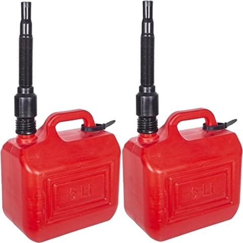 Jerrycan/benzinetank - 2x - 5 liter - knalrood - kunststof - met flexibele schenktuit -